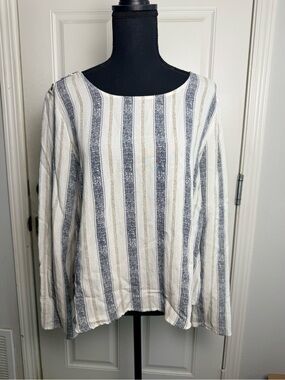 Striped Button-Shoulder Women's Tunic Style Blouse - Cream & Blue